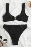 Black Crinkle Crop High Waisted Bikini Set With Gold Shell Detail
