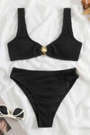 Black Crinkle Crop High Waisted Bikini Set With Gold Shell Detail