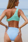 Color Block Crinkle Cut Out One Shoulder One Piece Swimsuit