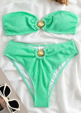 Bandeau Crinkle High Waisted Bikini Set With Gold Shell Detail