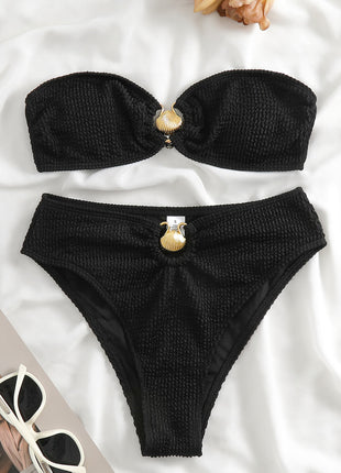 Bandeau Crinkle High Waisted Bikini Set With Gold Shell Detail