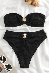 Bandeau Crinkle High Waisted Bikini Set With Gold Shell Detail - Mint/Light Blue/Black