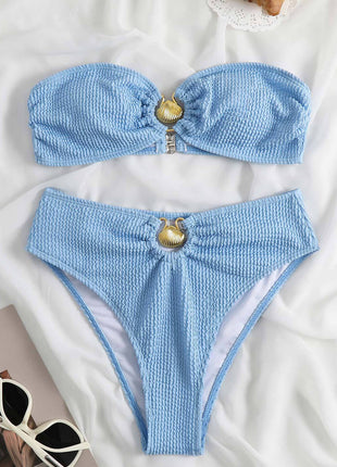 Bandeau Crinkle High Waisted Bikini Set With Gold Shell Detail