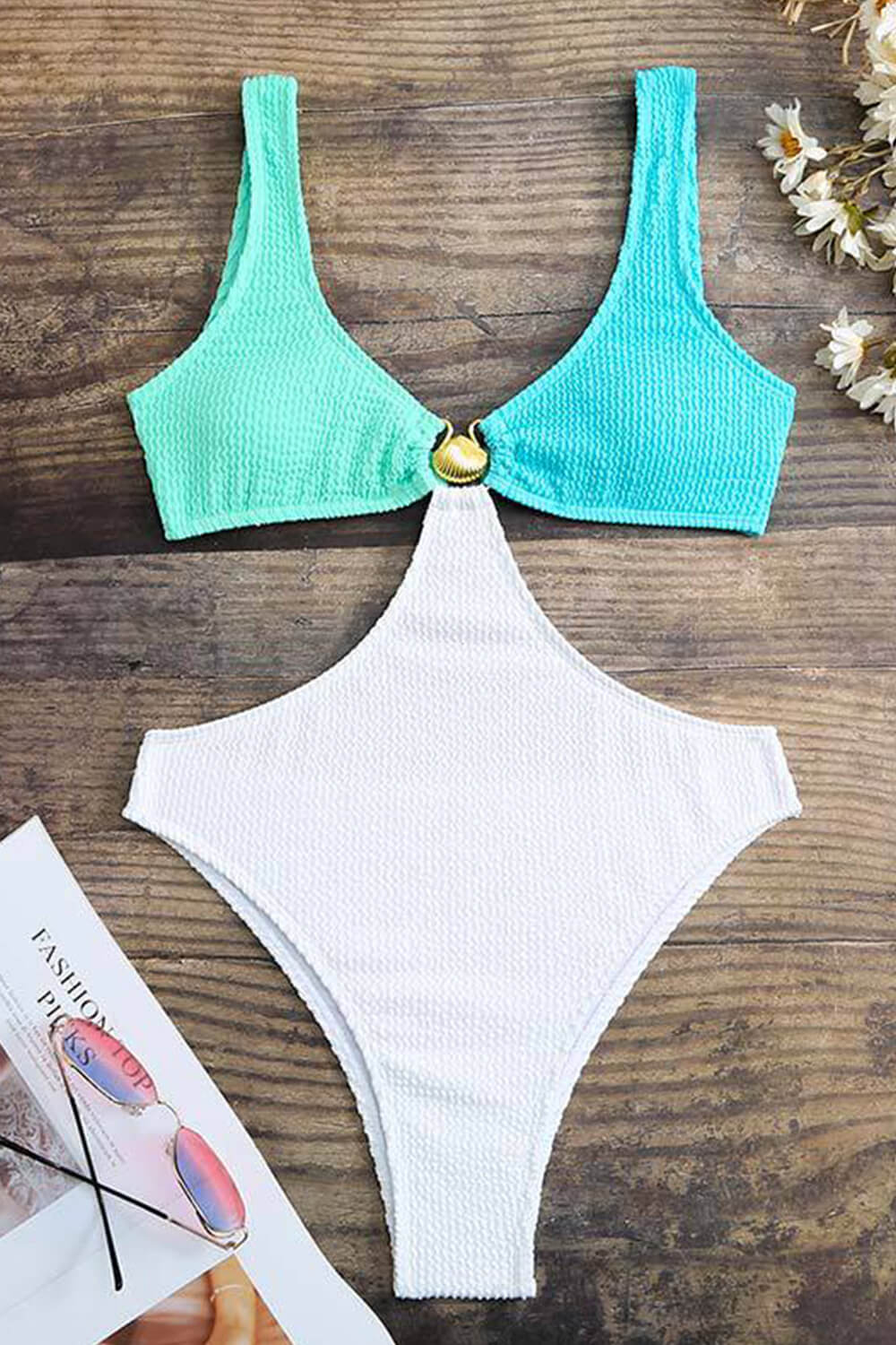 Color Block Crinkle Cut Out One Piece Swimsuit