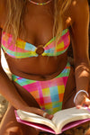 Mosaic Print Strapless Bandeau High Rise Bikini Set With Tortoise Shell O-Ring Detail