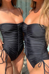 Ruched Spaghetti Lace Up Tie Side One Piece Swimsuit