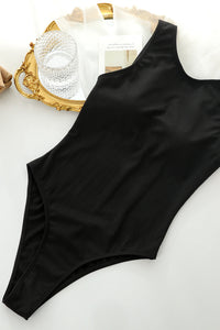 Ribbed High Neck One Piece Swimsuit - Black/White