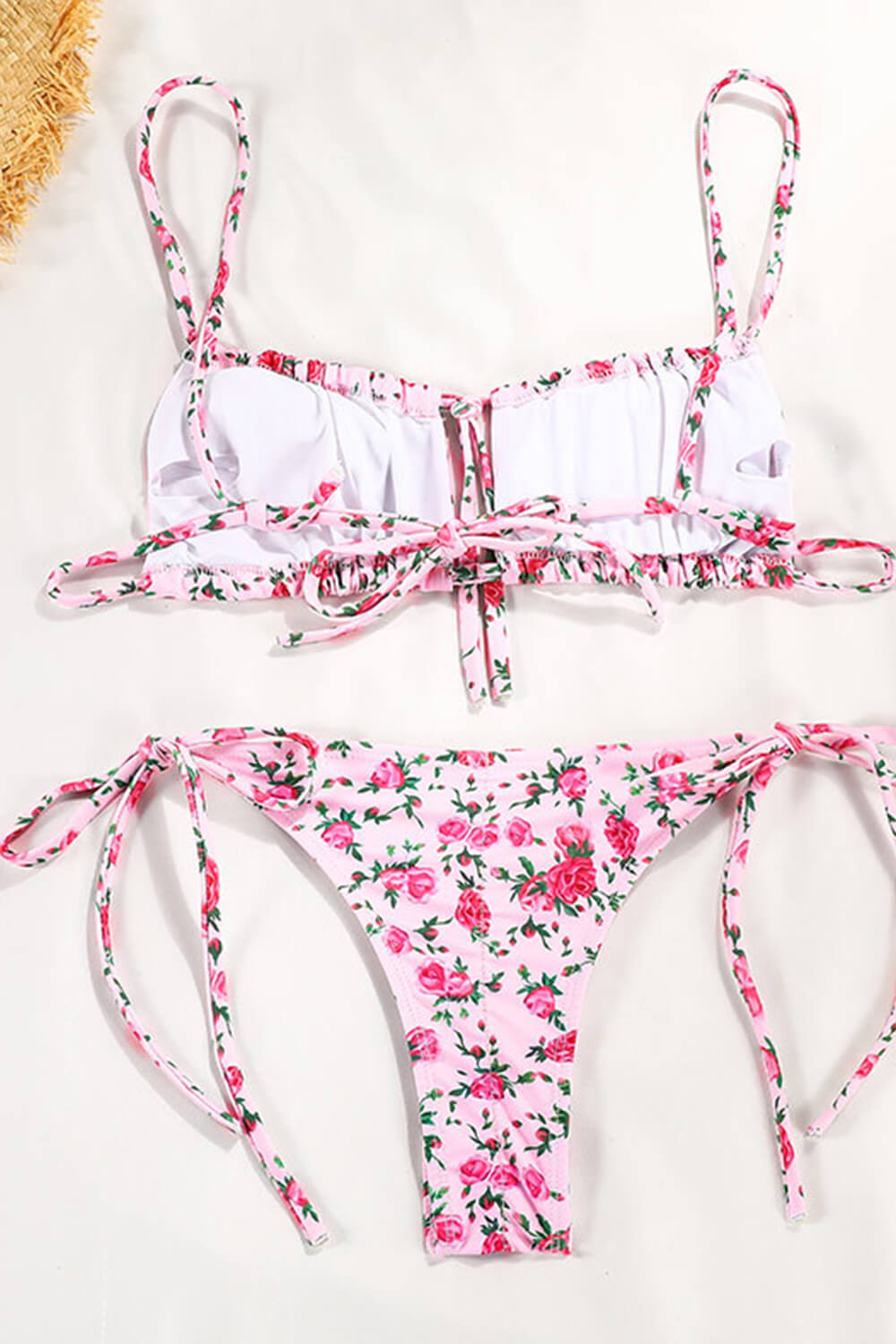 Floral Ruched Bandeau Adjustable Tie Front Tie Side Bikini Set