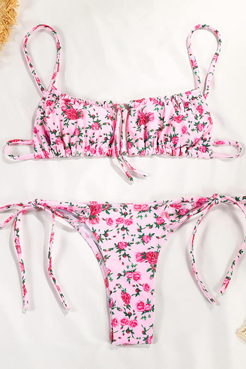 Textured Adjustable Tie Front Bikini Set - Black