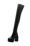 Faux Leather Square Toe Platform Block Heel Thigh High Boots - Black