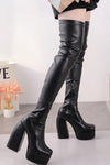 Faux Leather Square Toe Platform Block Heel Thigh High Boots - Black