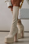 Faux Leather Double Platform Square Toe Chunky Block Heel Knee High Boot - White