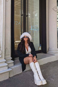 Faux Leather Double Platform Square Toe Chunky Block Heel Knee High Boot - White