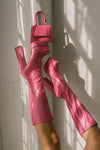 Faux Leather Double Platform Square Toe Chunky Block Heel Knee High Boot - Pink