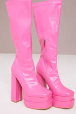 Faux Leather Double Platform Square Toe Chunky Block Heel Knee High Boot - Pink