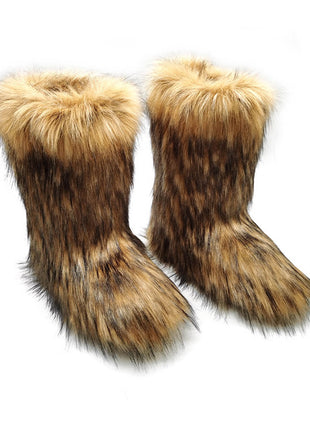 Black Furry Faux Fur Mid Calf Bootie - Brown