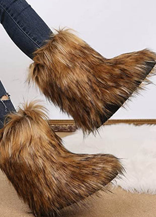 Black Furry Faux Fur Mid Calf Bootie - Brown