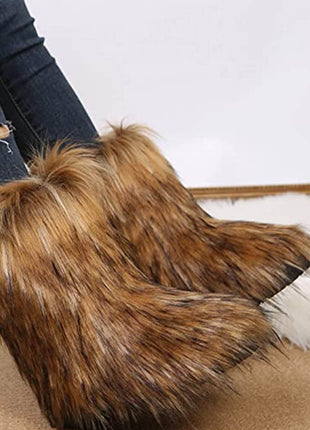 Black Furry Faux Fur Mid Calf Bootie - Brown