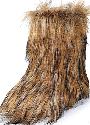 Black Furry Faux Fur Mid Calf Bootie - Brown