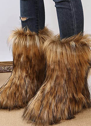 Black Furry Faux Fur Mid Calf Bootie - Brown