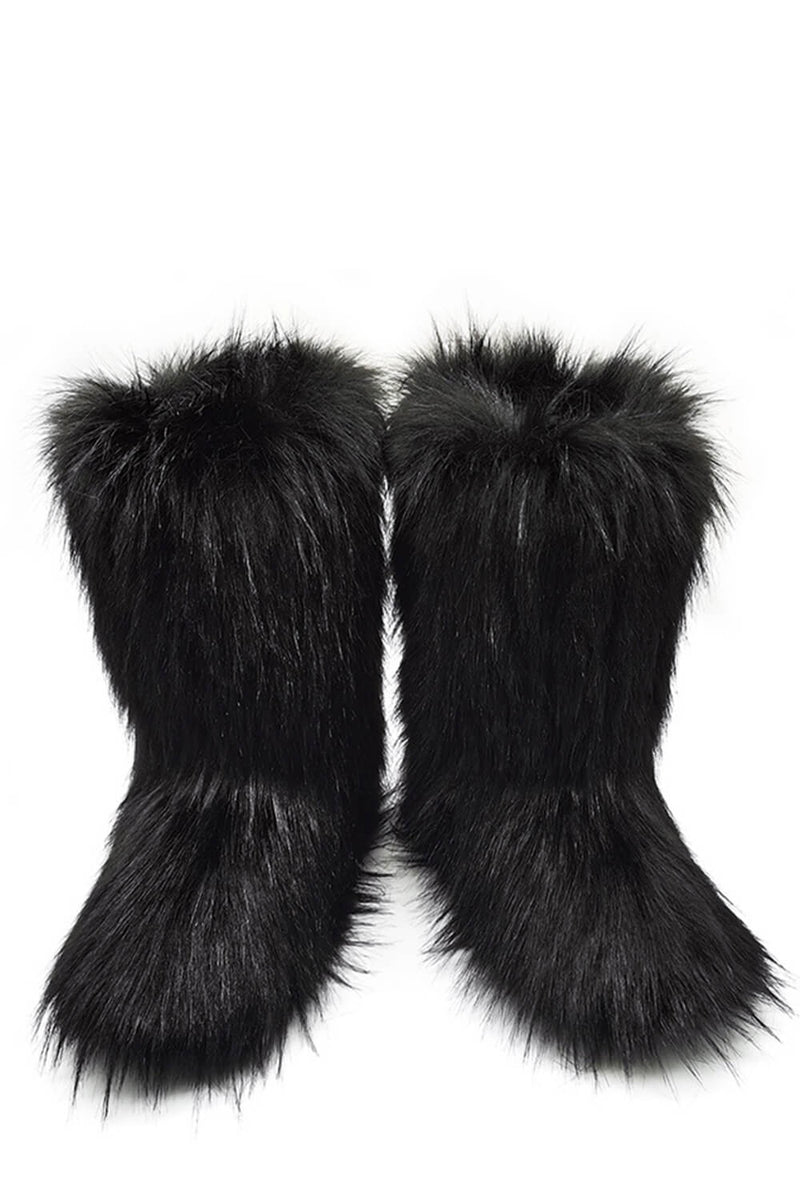 Black Furry Faux Fur Mid Calf Bootie - Black