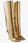 Sharp Pointed Toe Knee High Wedge Boot - Gold