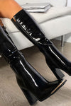 Black Patent Metal Toe Cap Knee High Heeled Boots