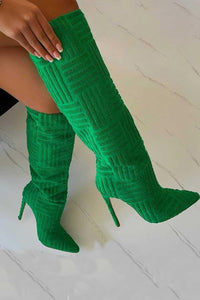 Towelling Knee High Point Toe Stiletto Boots - Green