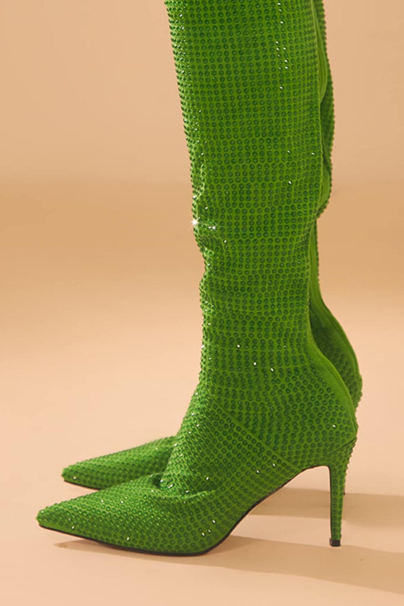 Point Toe Diamante Over The Knee Stiletto Boots - Lime