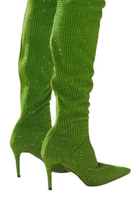 Point Toe Diamante Over The Knee Stiletto Boots - Lime