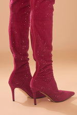 Point Toe Diamante Over The Knee Stiletto Boots - Hot Pink