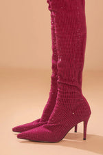 Point Toe Diamante Over The Knee Stiletto Boots - Hot Pink