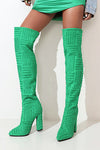 Terry Towel Point Toe Over The Knee High Block Boots - Green