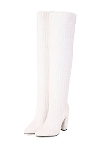Terry Towel Point Toe Over The Knee High Block Boots - White