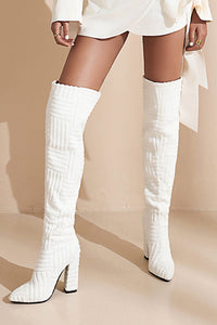 Terry Towel Point Toe Over The Knee High Block Boots - White