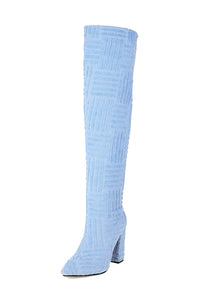 Terry Towel Point Toe Over The Knee High Block Boots - Light Blue