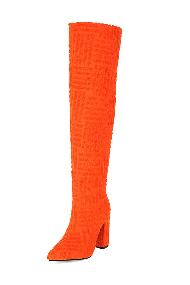 Terry Towel Point Toe Over The Knee High Block Boots - Orange