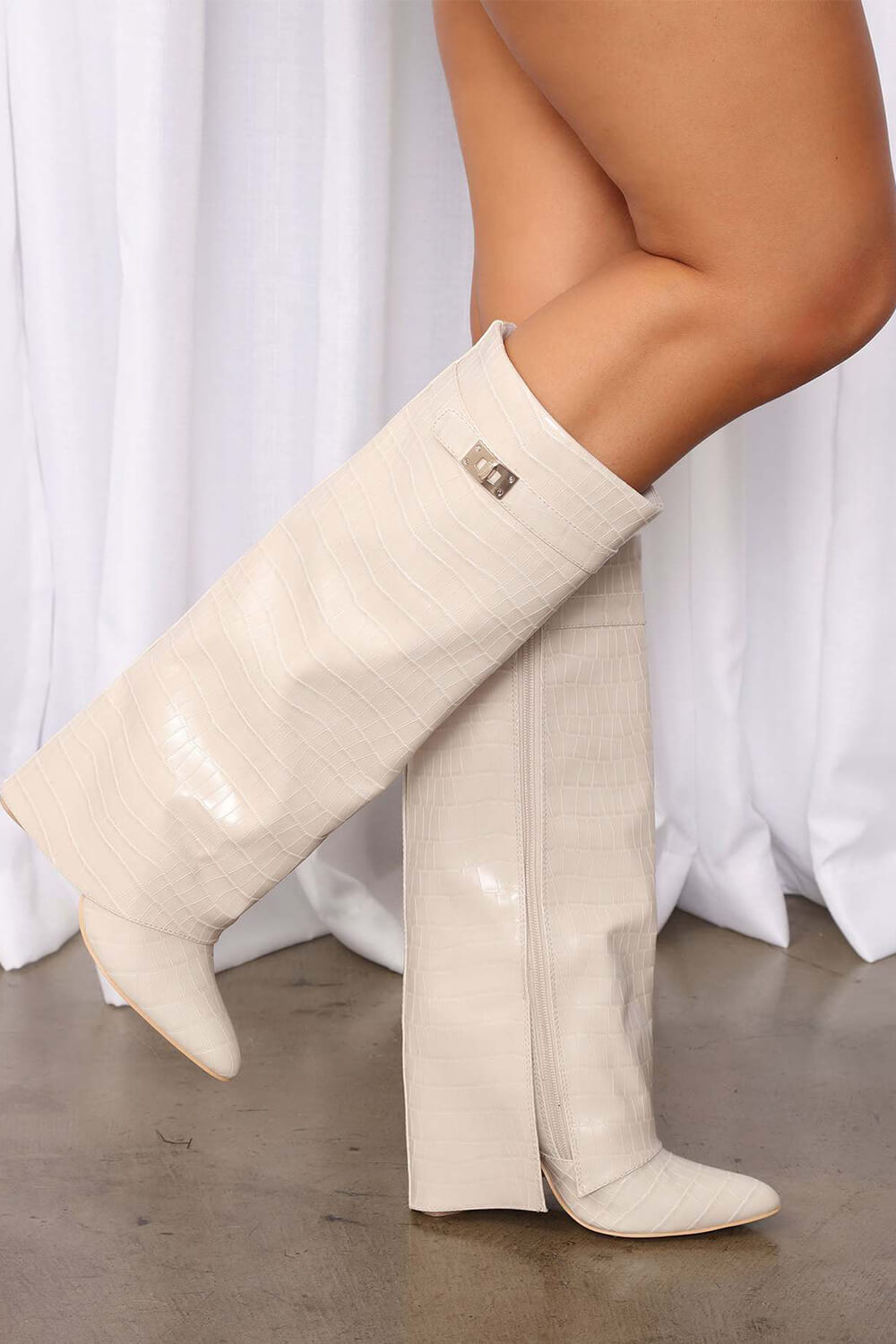 Croc-Effect Hardware Detail Folded Block Heel Knee High Long Boots - White