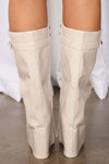 Croc-Effect Hardware Detail Folded Block Heel Knee High Long Boots - White