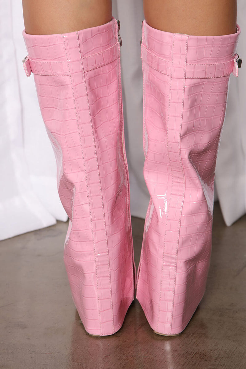 Croc-Effect Hardware Detail Folded Block Heel Knee High Long Boots - Pink