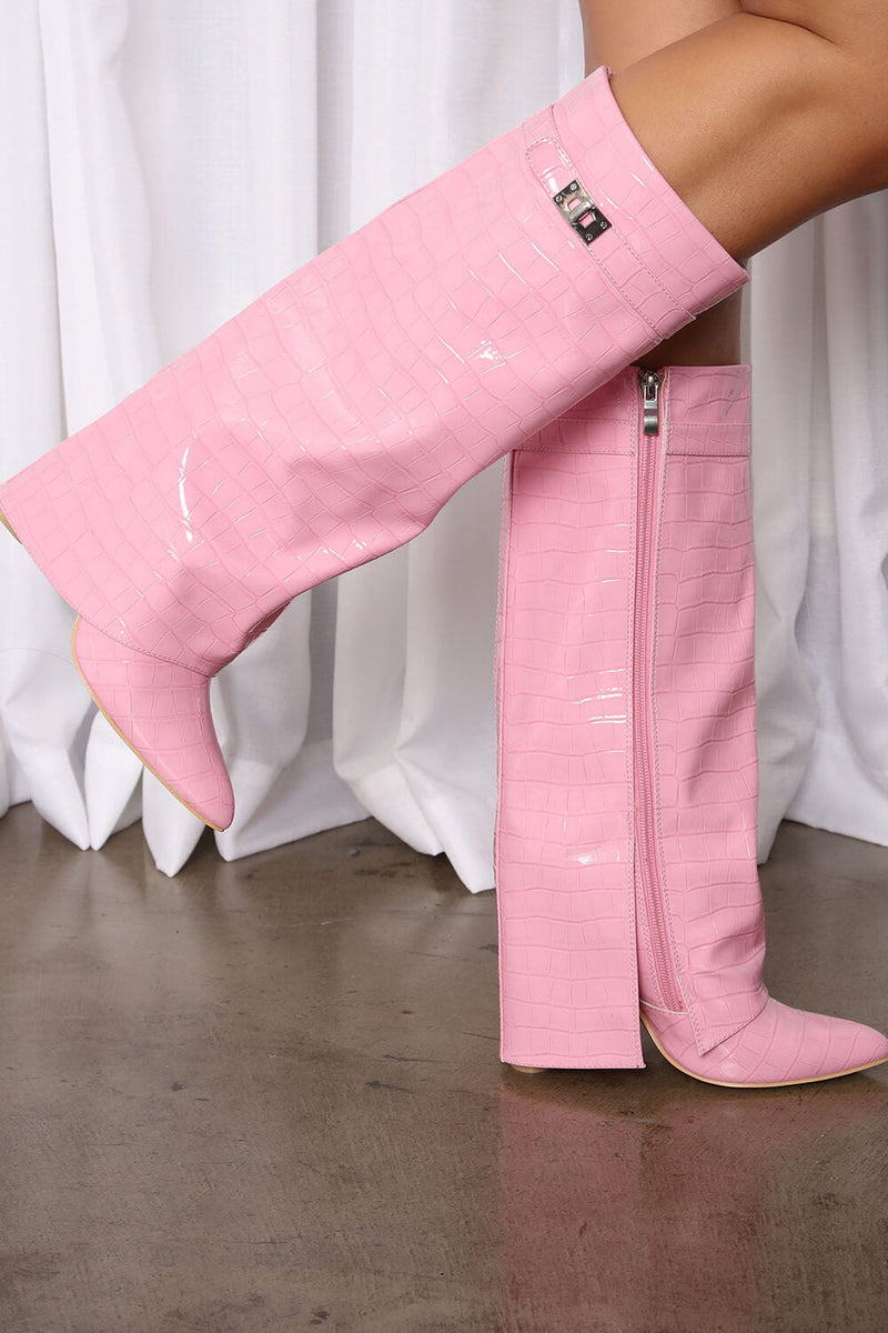 Croc-Effect Hardware Detail Folded Block Heel Knee High Long Boots - Pink