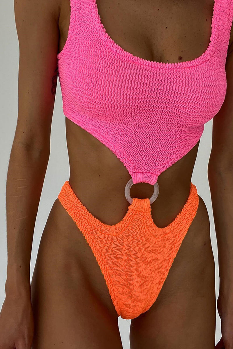 Color Block Crinkle Cut-Out Ring Middle One Piece Swimsuit - Pink/Orange