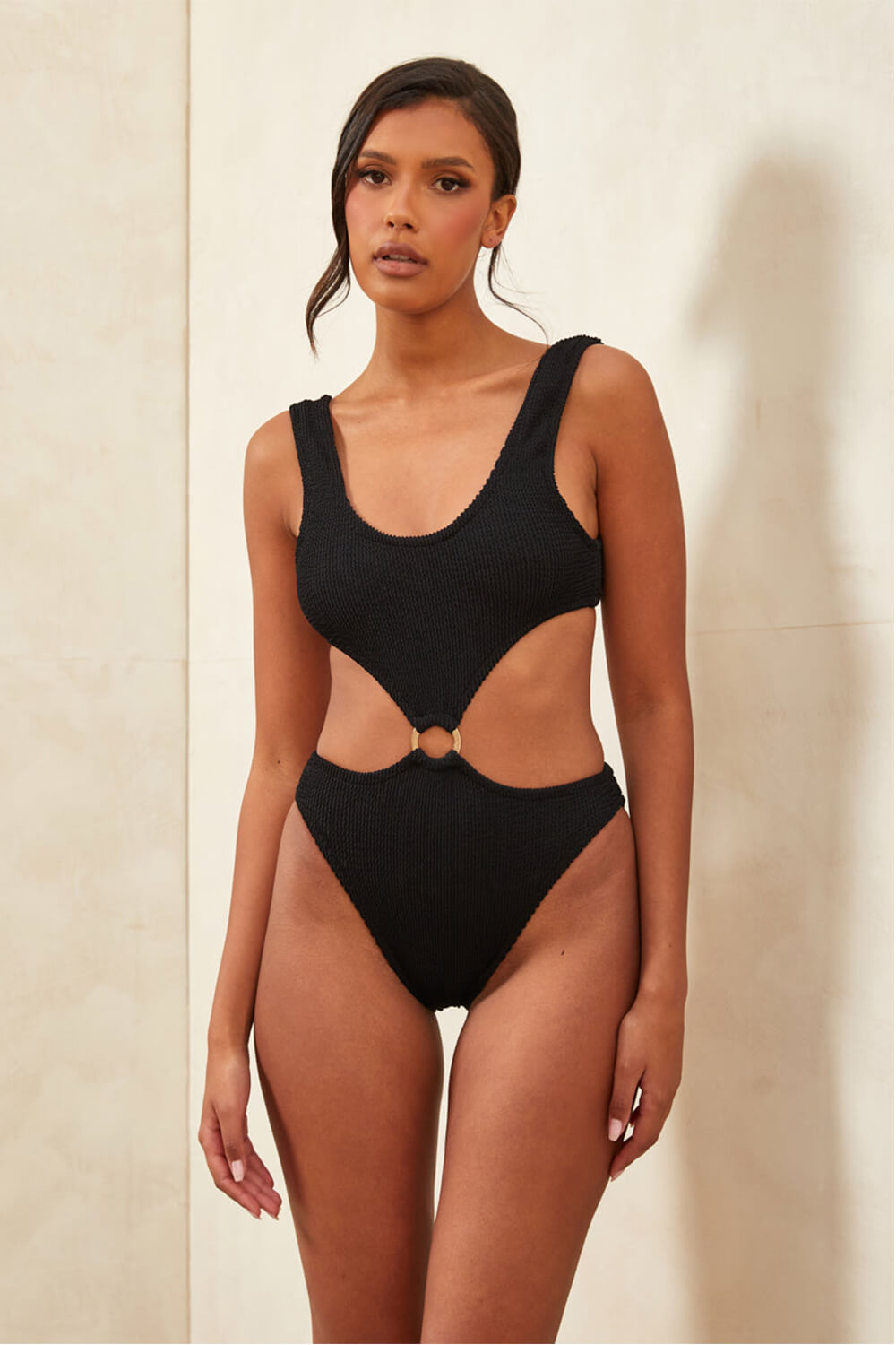 Crinkle Cut-Out Ring Middle One Piece Swimsuit - Black