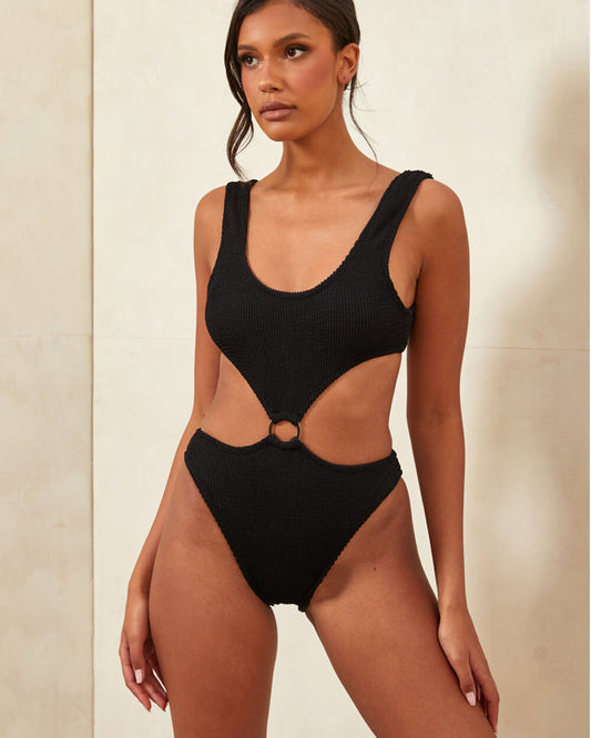 Crinkle Cut-Out Ring Middle One Piece Swimsuit -  Black