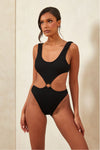 Crinkle Cut-Out Ring Middle One Piece Swimsuit -  Black