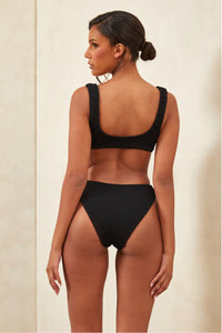 Crinkle Cut-Out Ring Middle One Piece Swimsuit - Black