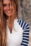 White Navy Zip Front Long Sleeve Swimsuit