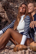 White Navy Zip Front Long Sleeve Swimsuit