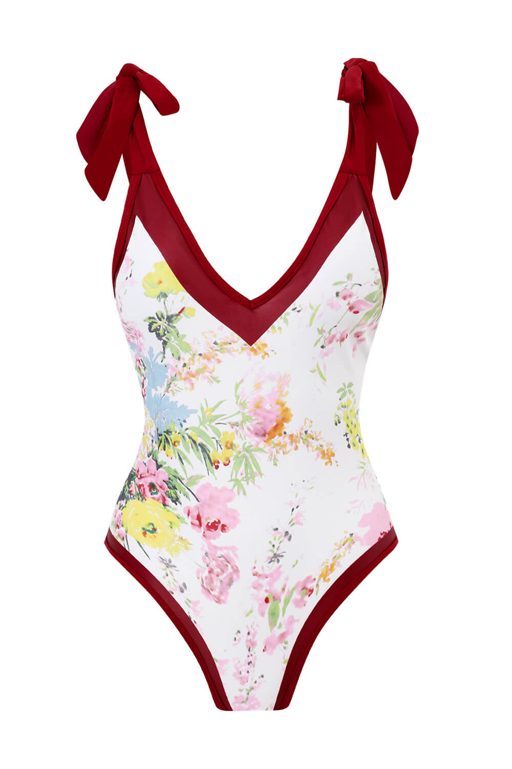 Burgundy Contrast Floral Print Plunge Tie-Shoulder One Piece Swimsuit
