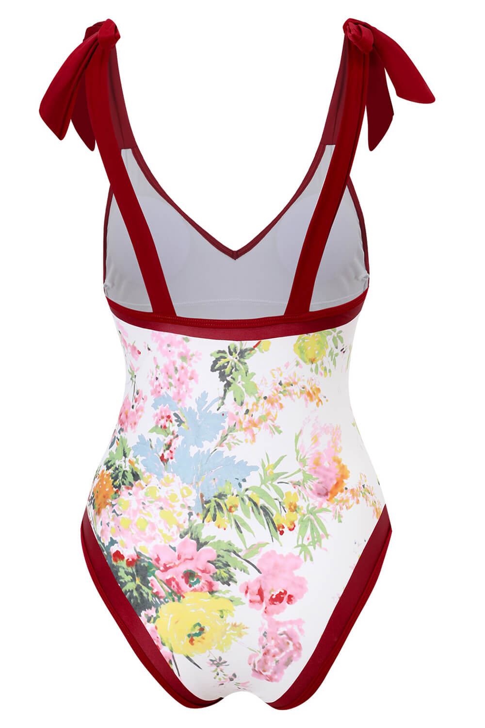 Burgundy Contrast Floral Print Plunge Tie-Shoulder One Piece Swimsuit